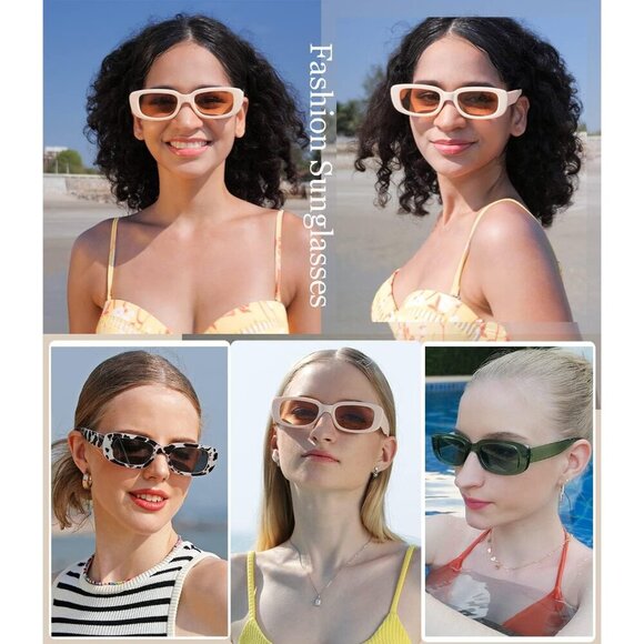 Trendy Rectangle Green Beige Sunglasses Women Men Retro Square Fashion Shades - Picture 2 of 5